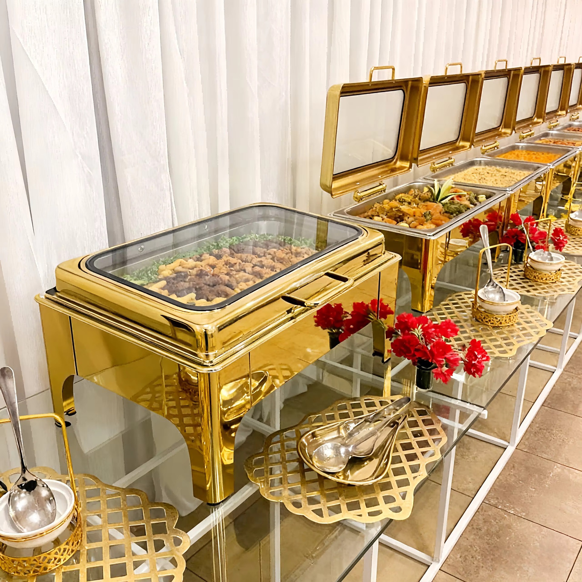Stainless steel luxury restaurant hotel wedding buffet heater set, fuel heating 9L, golden food insulation pic 5