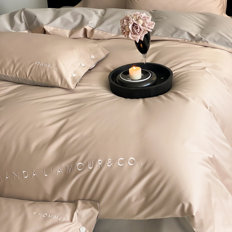 Simple, light luxury and fashionable solid-color long-staple cotton four-piece set, pure cotton letter-embroidered duvet cover, double bedding pic 56