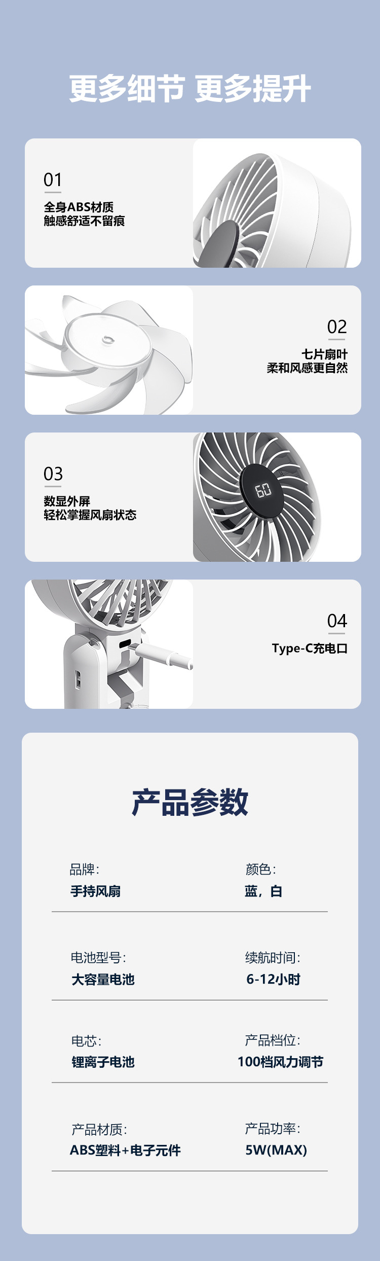 定制2025跨境新款100档数显小风扇户外挂脖风扇折叠手持小风扇详情15