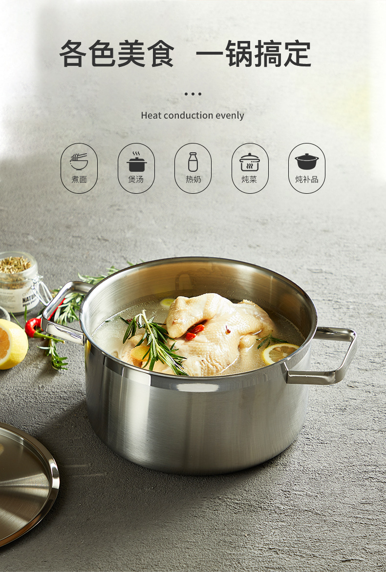 Factory direct sales 304 stainless steel soup pot, thickened uncoated steaming soup pot, large boiling pot, induction cooker pot, high-quality kitchenware pic 3