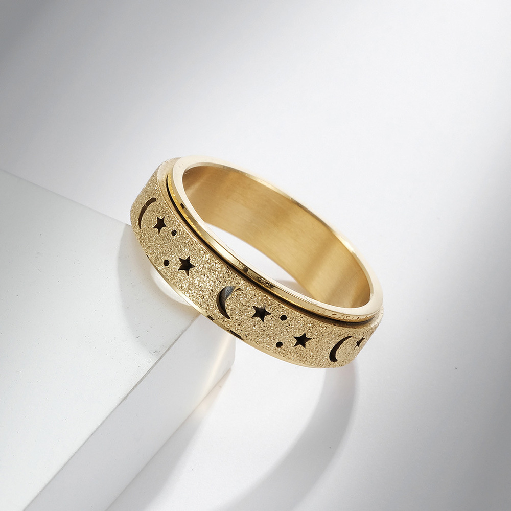 欧美跨境不锈钢戒指时尚简约镂空磨砂星星月亮戒指可转动减压指环详情4