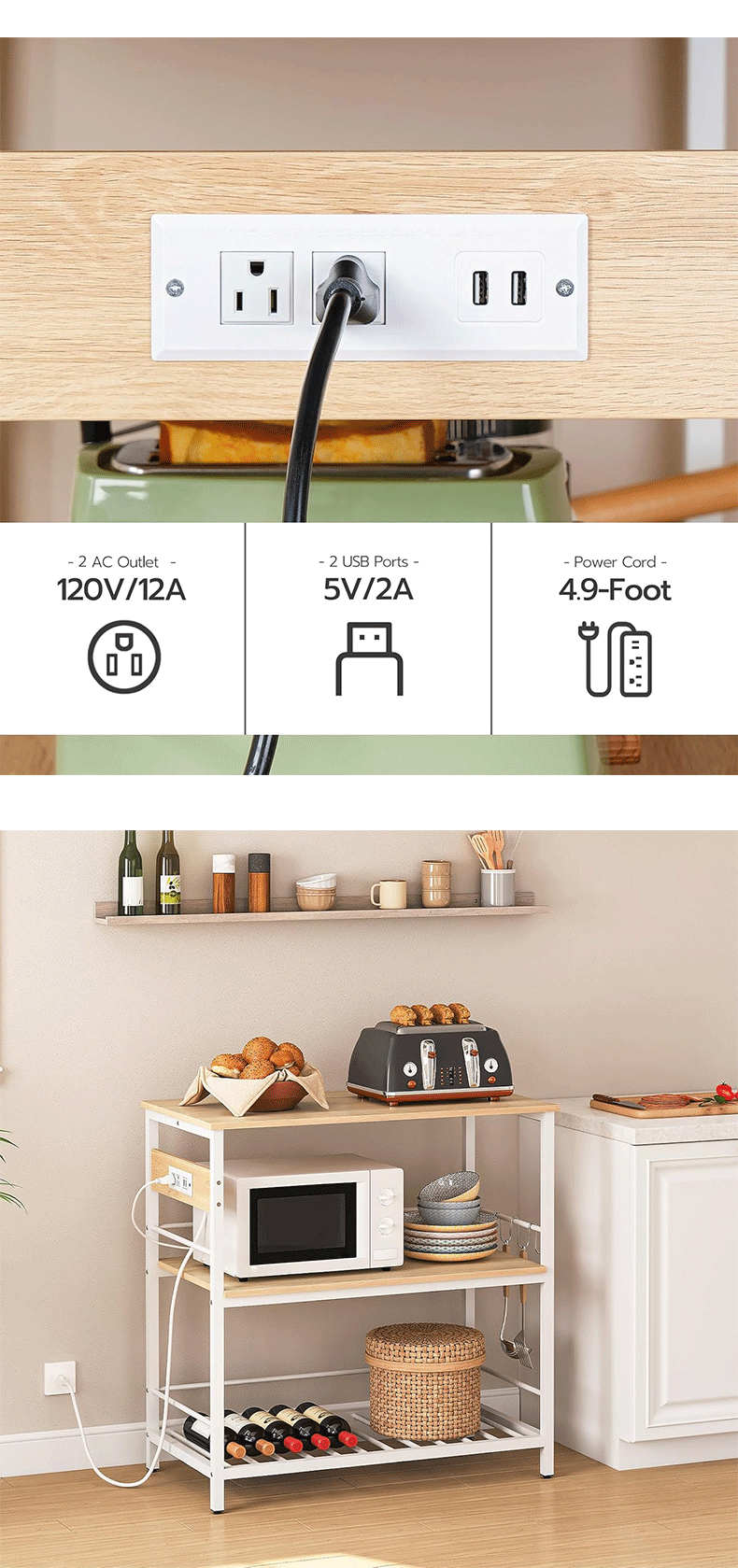 Amazon cross-border e-commerce kitchen shelf, kitchen island with storage space and power socket kitchen island table pic 4