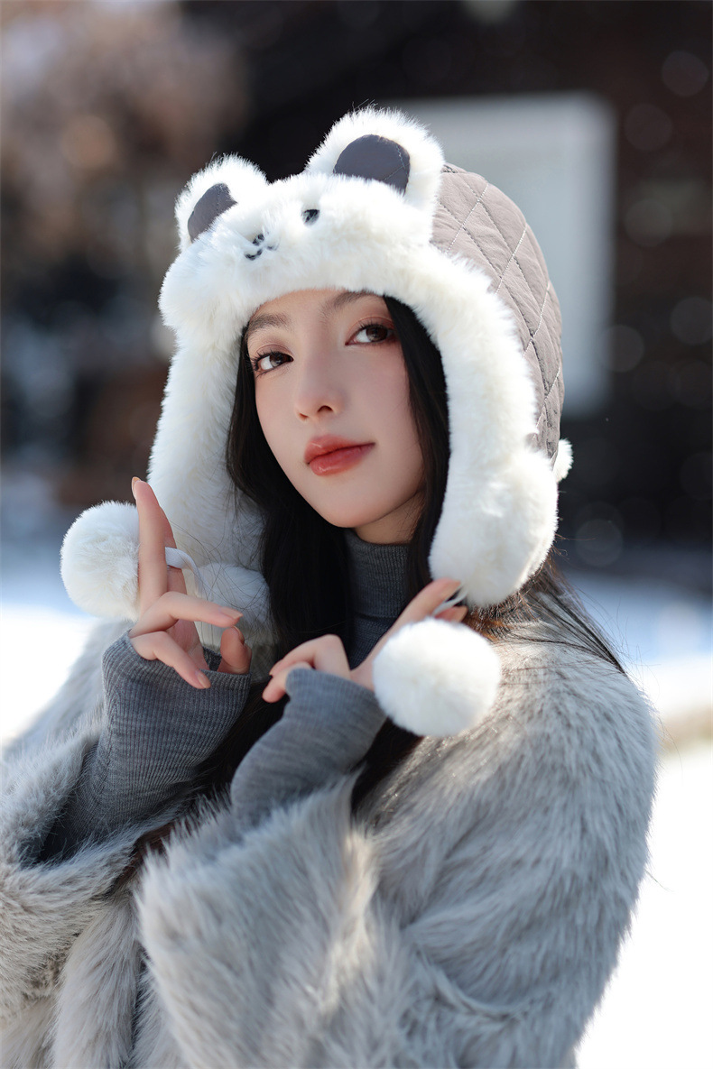 兔耳朵保暖雷锋帽子女士秋冬季加绒厚套头护耳棉帽韩版滑雪骑行帽详情3