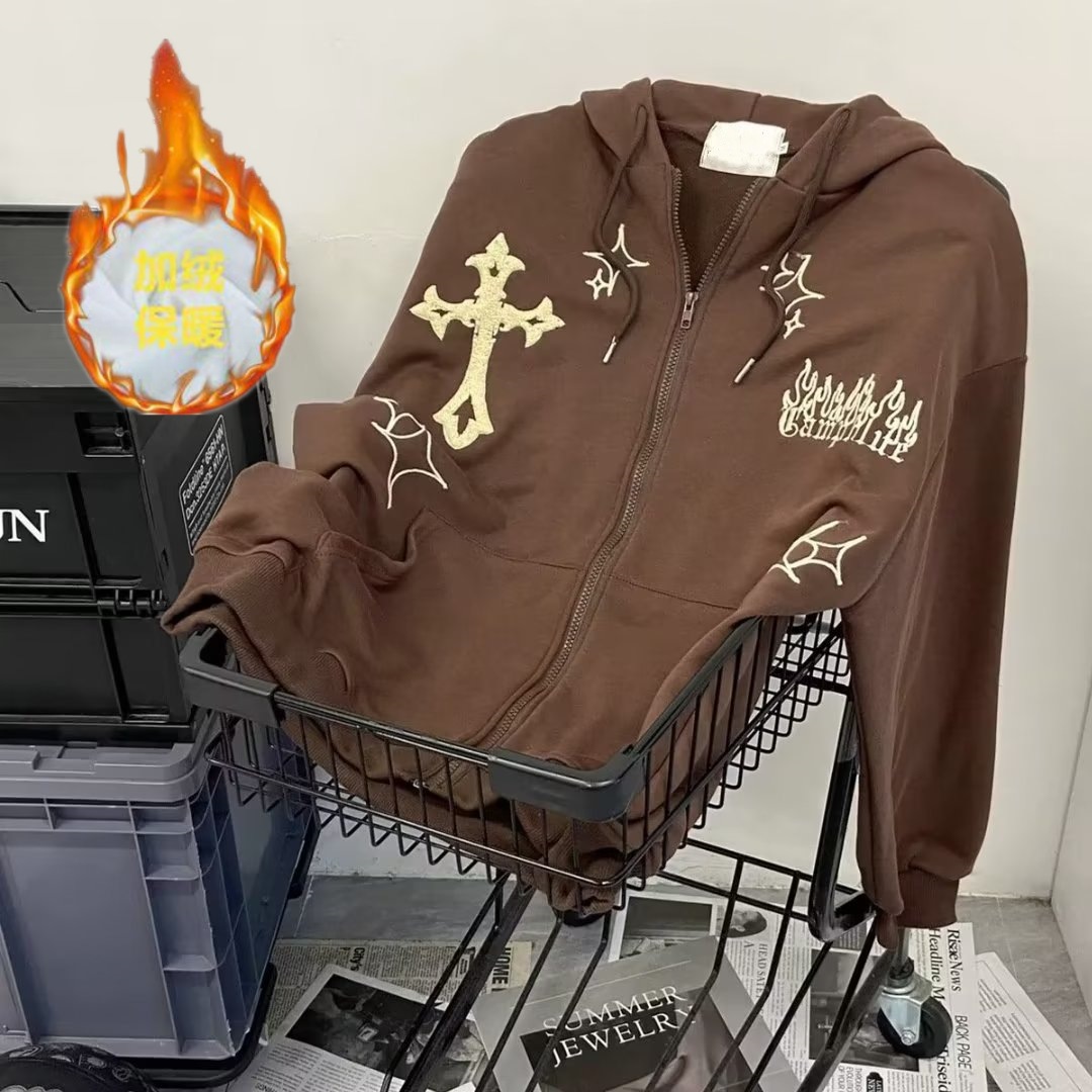 2023年跨境货源美式日系刺绣开衫连帽卫衣男宽松潮流百搭休闲外套详情4