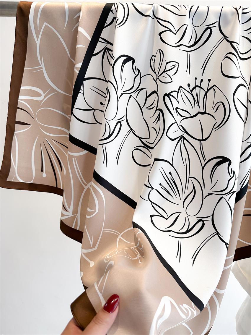 National trend retro printed artistic silk scarf, 90cm twill silk scarf, lotus flower fashionable large square scarf, sun protection shawl headscarf pic 4