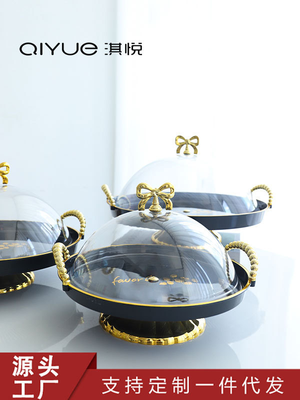 跨境蛋糕托盘带盖甜品盘展示旋转果盘黑色塑料自助餐面包点心摆盘详情1