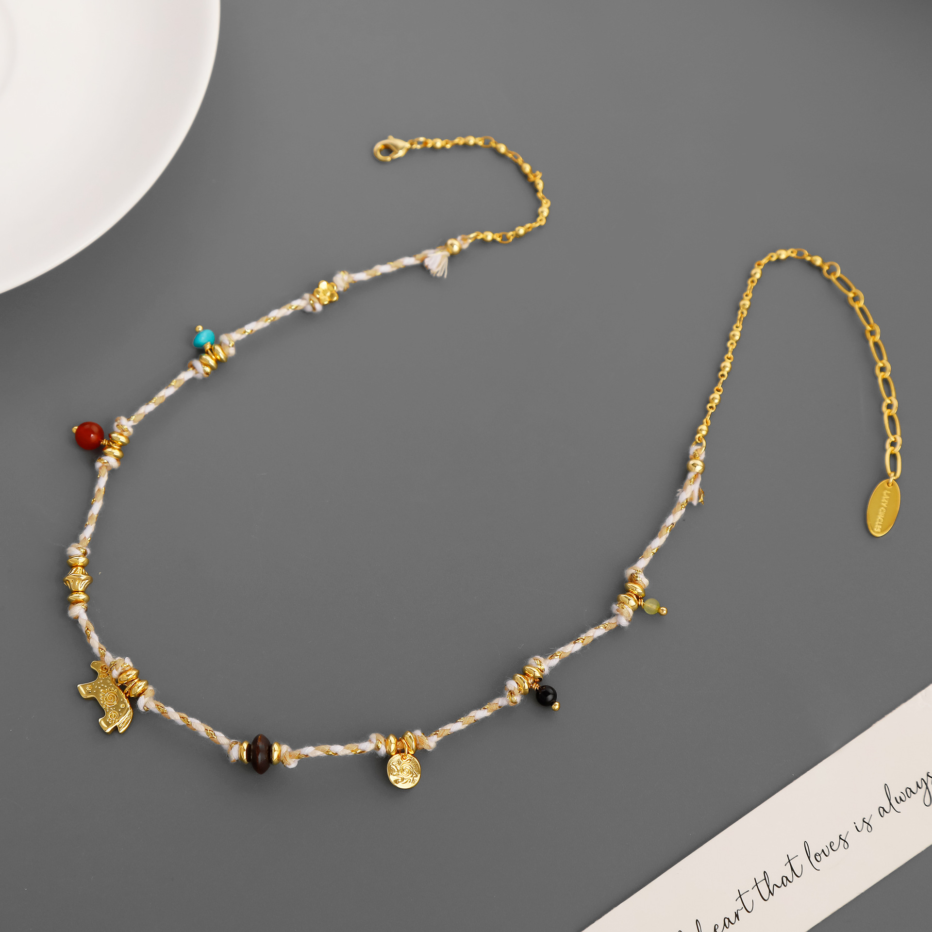 LAZY*家彩色编织小马项链 夏季度假民族风天然石玛瑙小木马锁骨链详情4