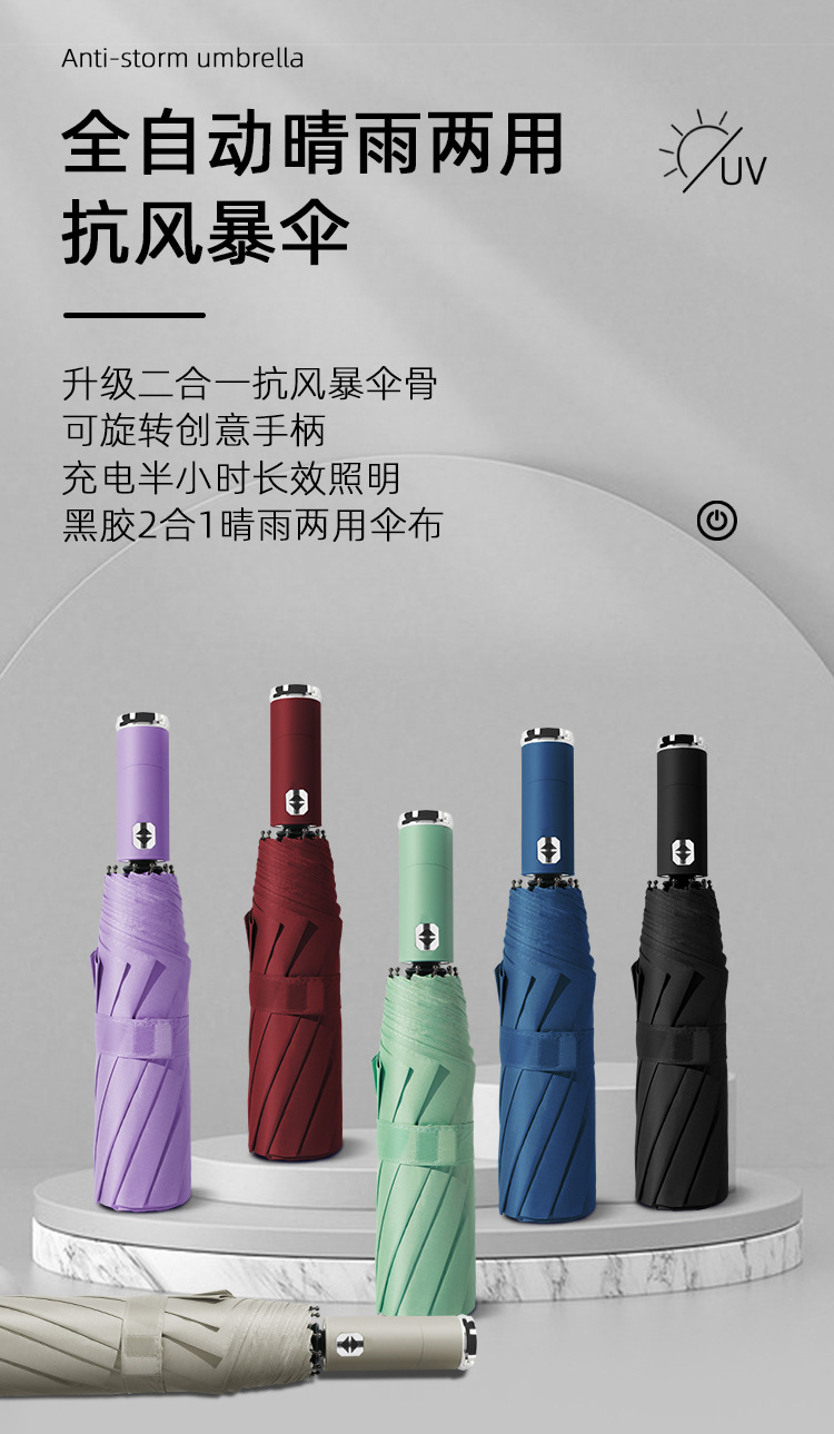 厂家批发全自动三折十骨三纤黑胶灯光防晒伞晴雨两用防紫外线雨伞详情1
