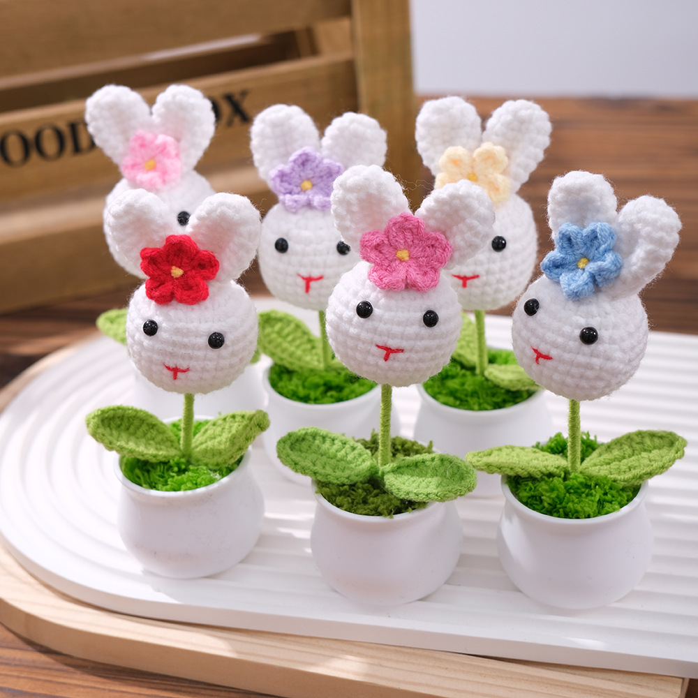 仿真迷你小兔子毛线针织成品盆栽diy装饰送朋友老师桌面实用礼品详情1