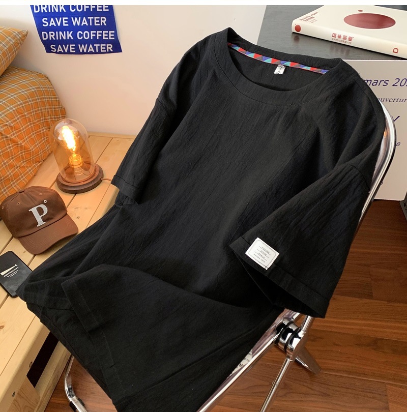 Linen short-sleeved T-shirt for men, a new summer trend. Cotton and linen half-sleeved loose solid color base layer, a trendy T-shirt top pic 5