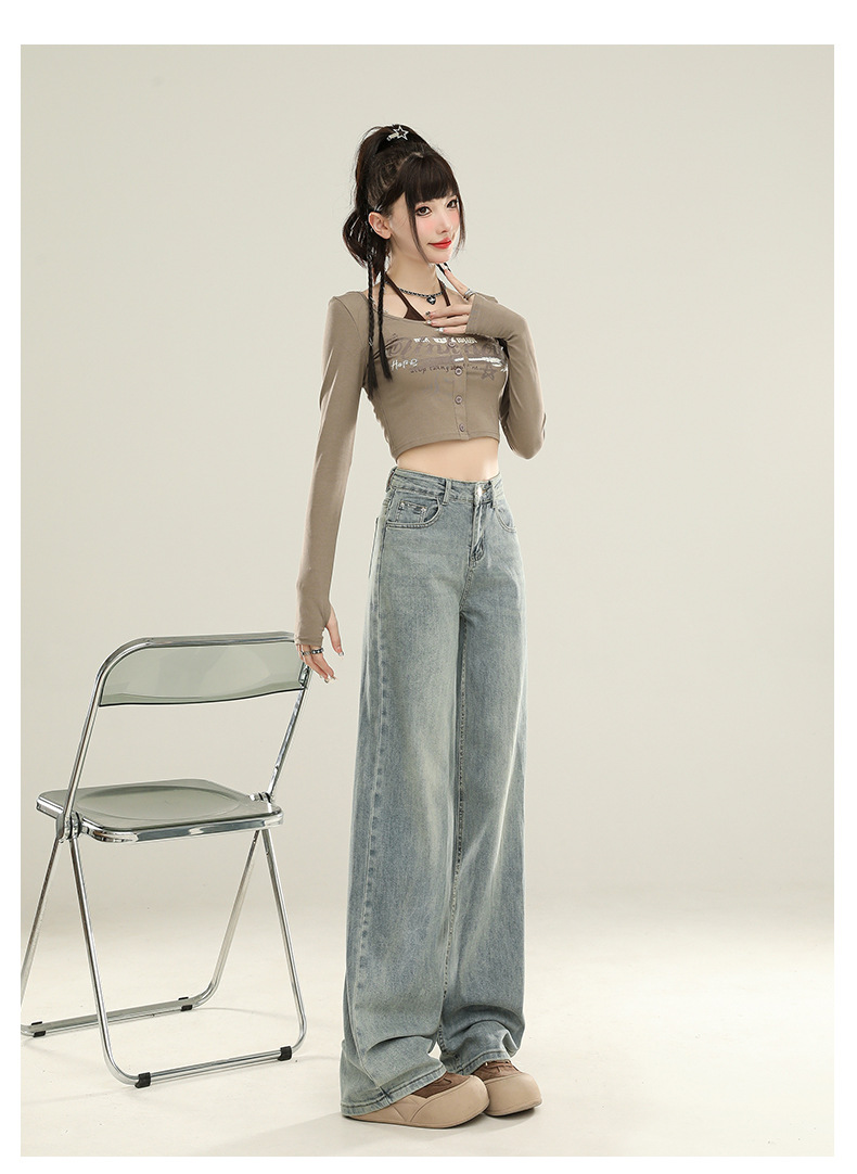 怀旧蓝直筒裤牛仔裤女秋季2025新款高腰显瘦垂感宽松窄版阔腿裤子详情18