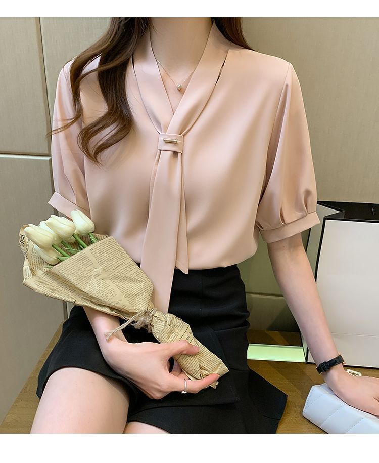 夏季短袖衬衫女装2024夏季新款气质蝴蝶结职业白领工作服短袖衬衣1详情19