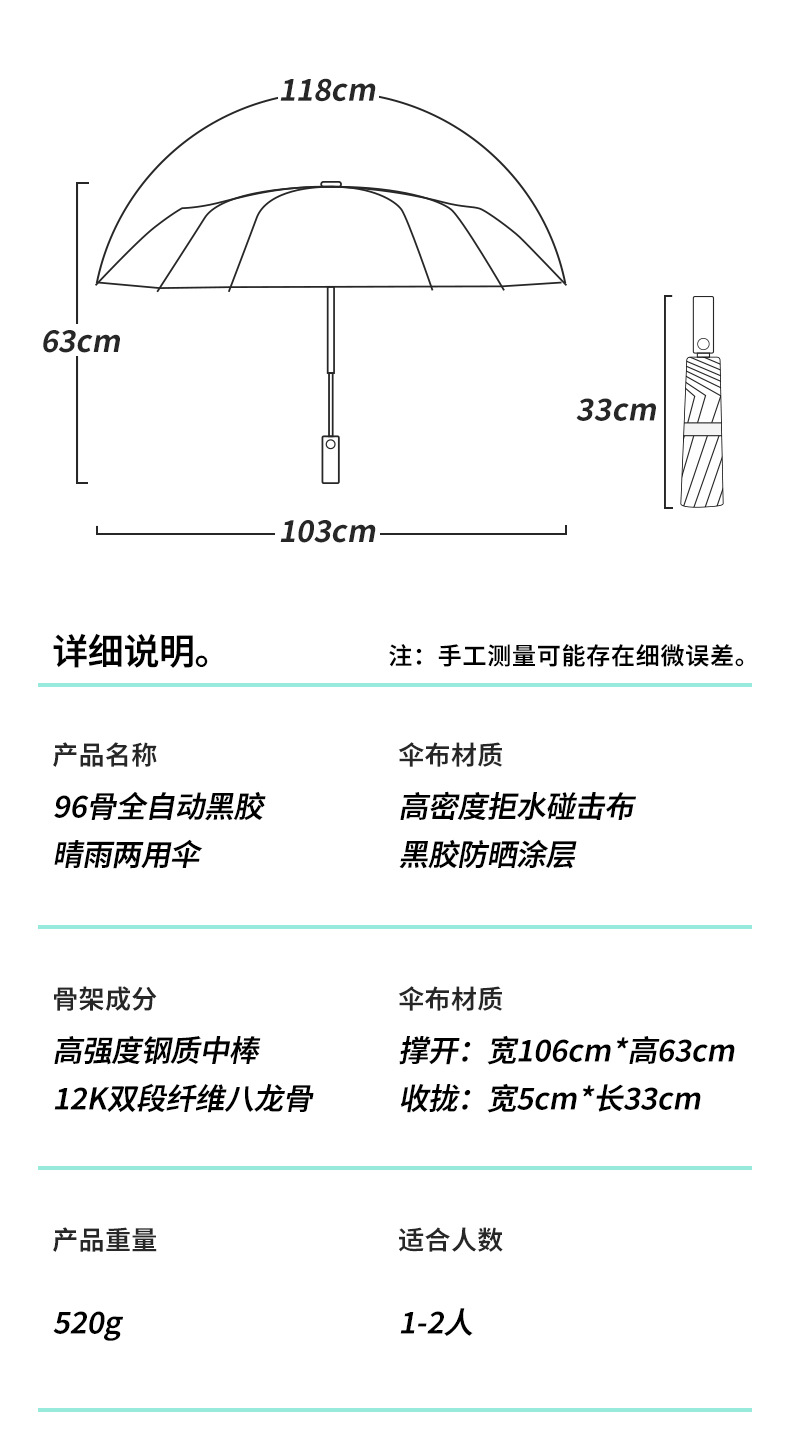 全自动96骨自开自收一键打开雨伞大号防嗮防风晴雨两用伞可印logo详情17