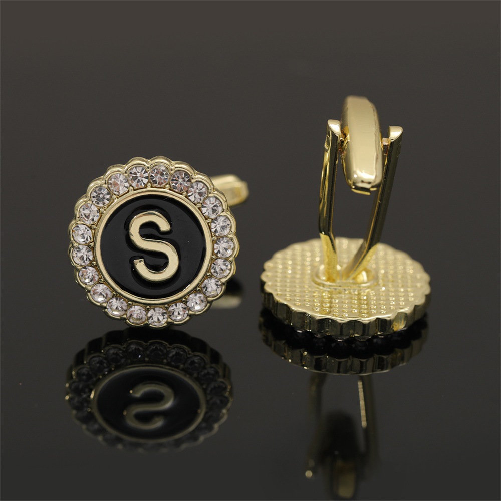 大写字母袖扣圆形镶钻袖钉合金滴油男士衬衫扣26英文字母A-Z配饰详情38