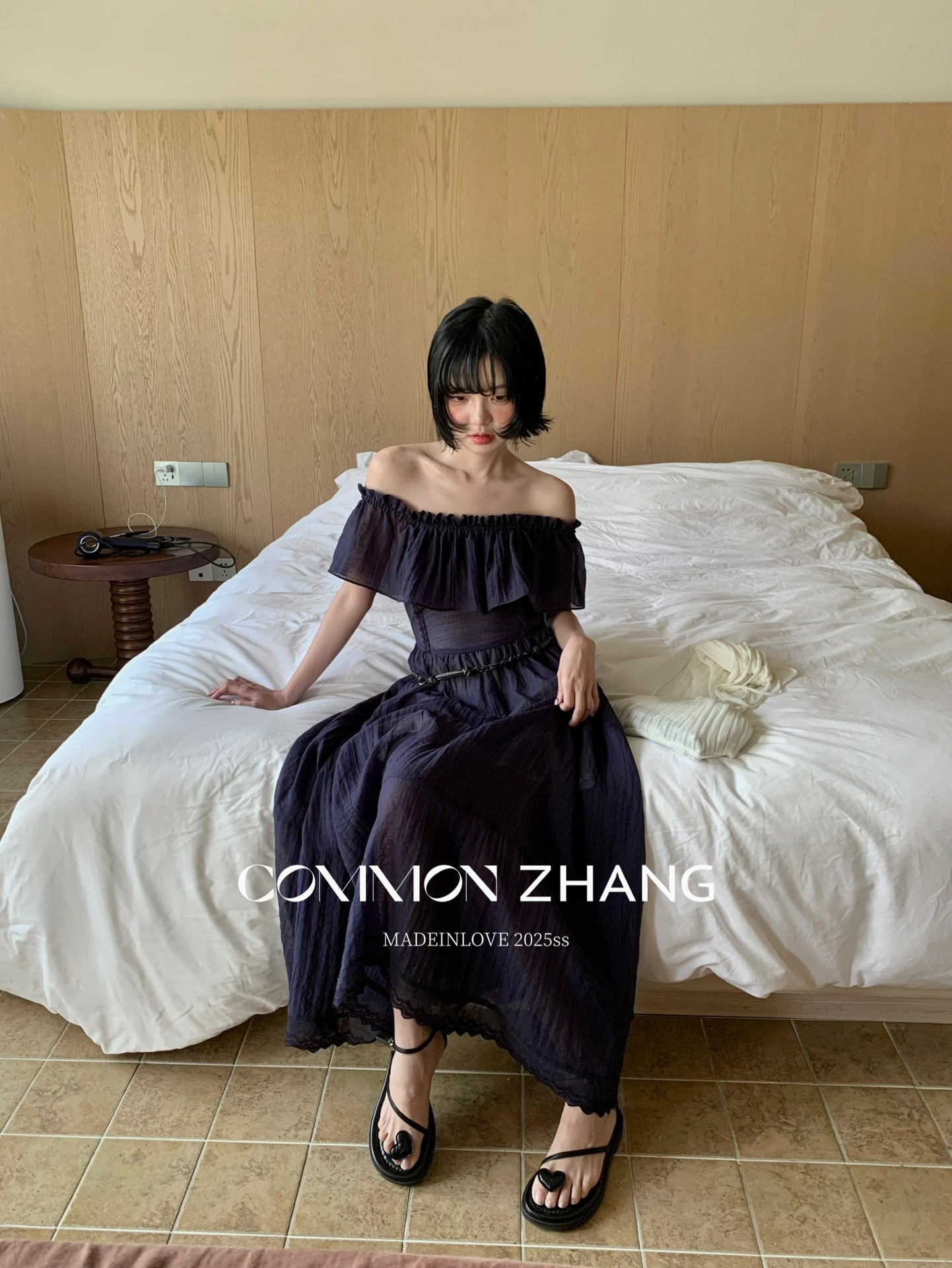 CZ ZHANG Summer French lace patchwork one-shoulder off-the-shoulder sexy slightly transparent texture dress for women B26857 pic 27