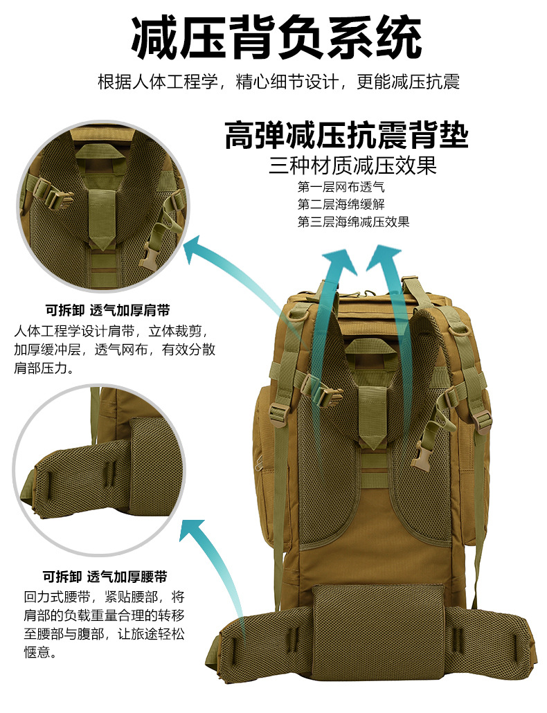 Yitu Wholesale 65L Stress-Relieving Sports camouflage Tactical Backpack for Men, large-capacity hiking and outdoor mountaineering bag pic 10
