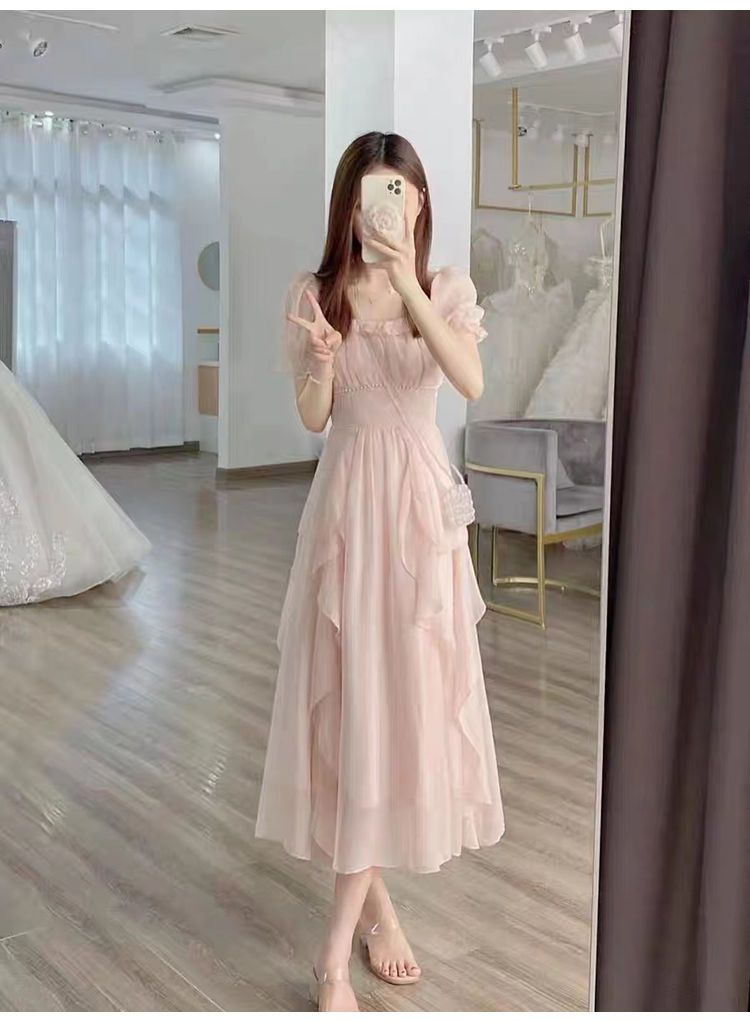 法式甜美温柔风粉色仙长裙夏季新款大码胖MM收腰显瘦雪纺连衣裙女详情5