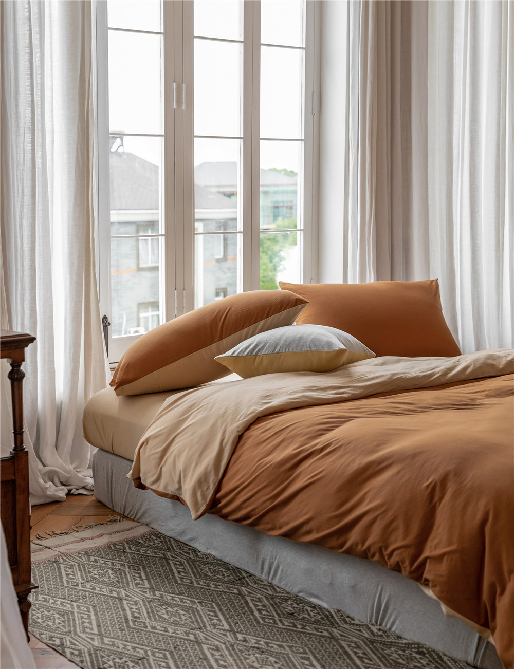 ins Japanese-style solid color all-cotton knitted cotton four-piece set, skin-friendly nude sleeping plain double-layer Indian cotton bed sheet pic 186