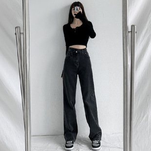 牛仔裤女复古韩版直筒宽松高腰2025春秋季新款潮小个子窄版阔腿裤详情8