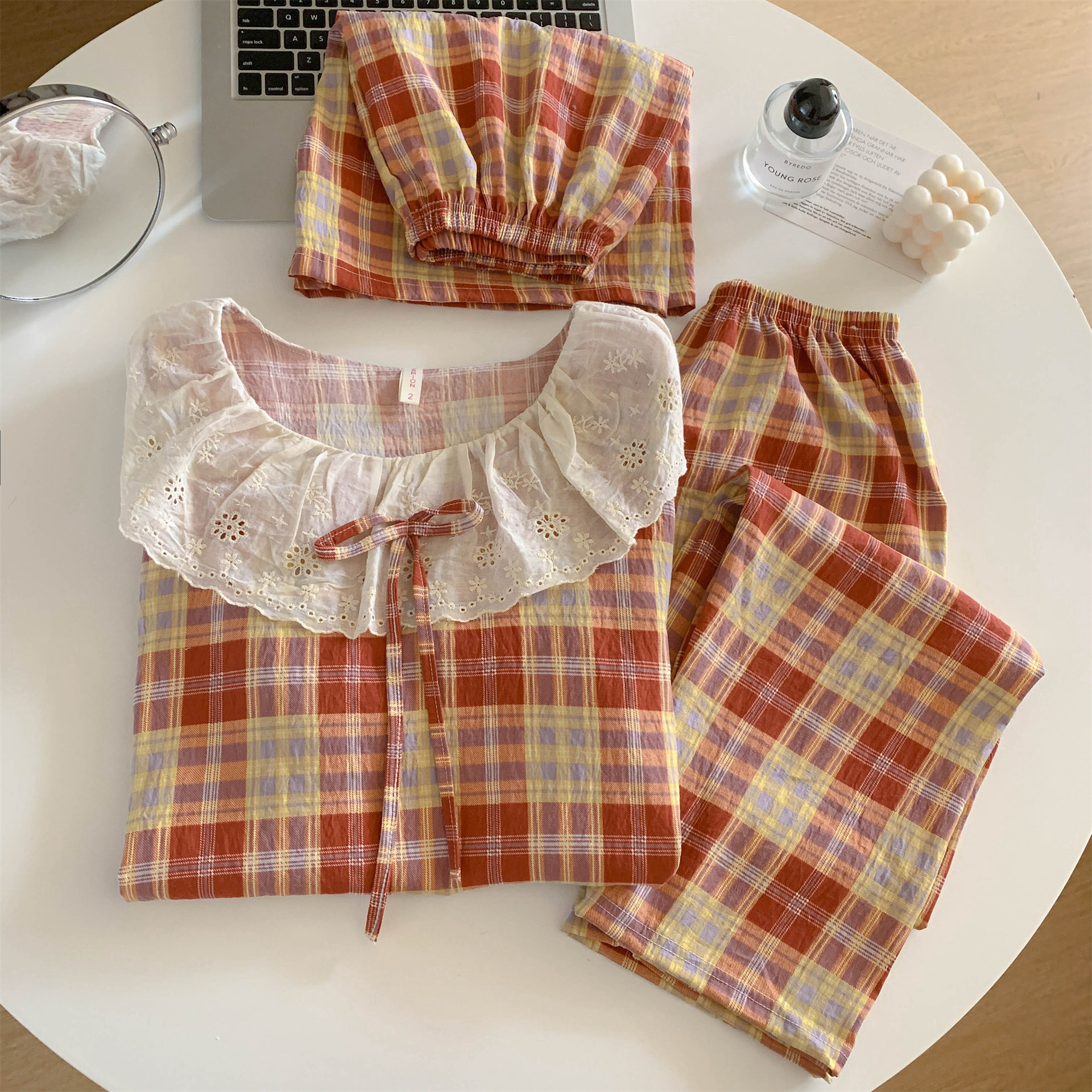 圆领大翻领花边云朵棉睡衣女春秋短袖短裤长裤甜美家居服女套装详情1