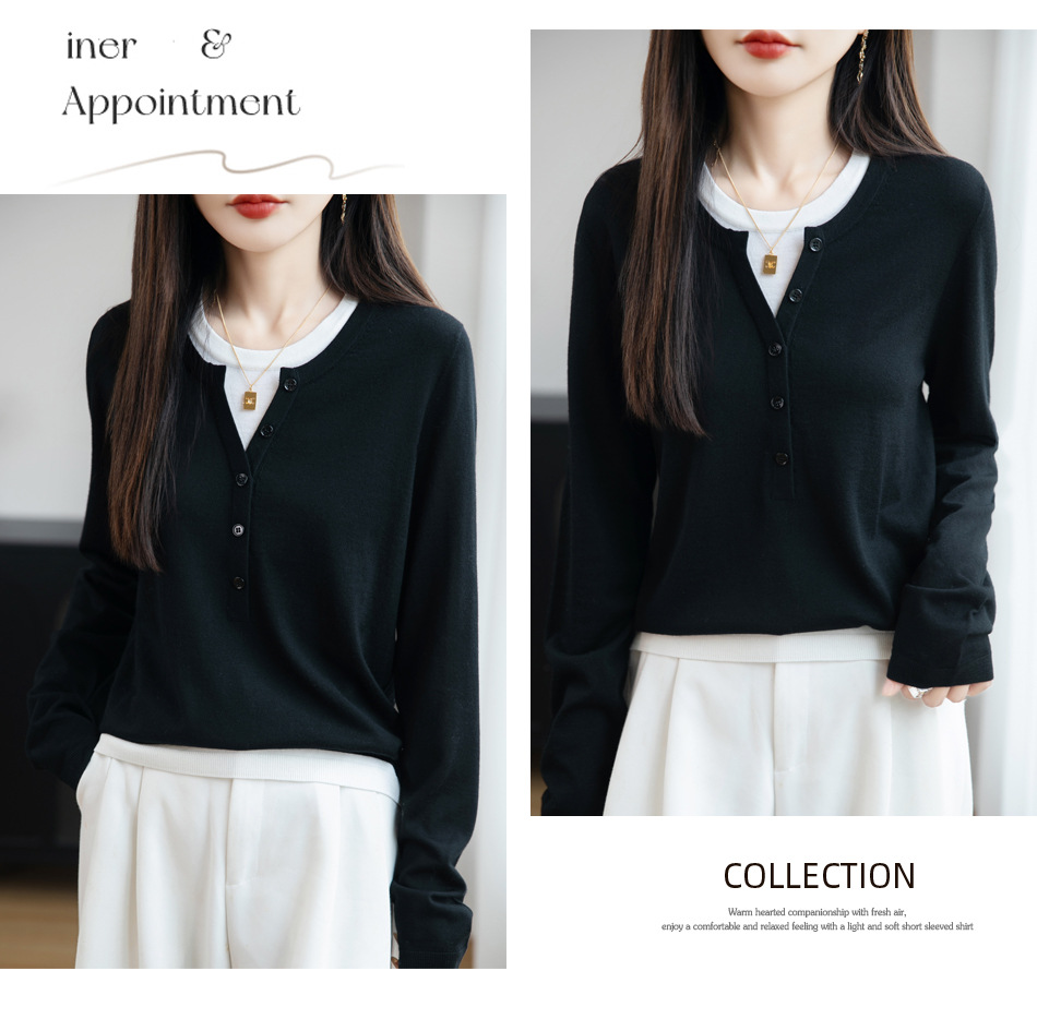Wool blend 2026 Spring new Women's loose round-neck two-piece fake pullover base knitted sweater pic 45