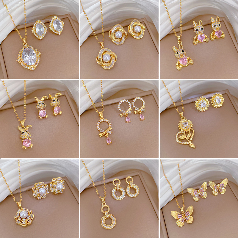 【套装】跨境时尚气质轻奢满锆精致元素风铜微镶耳环项链套装组合详情6