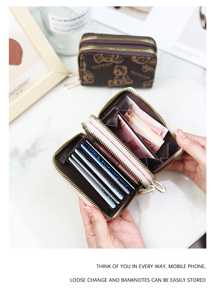 新款双层拉链风琴卡包短款卡通小熊印花风琴卡包多卡位零钱包批发详情12