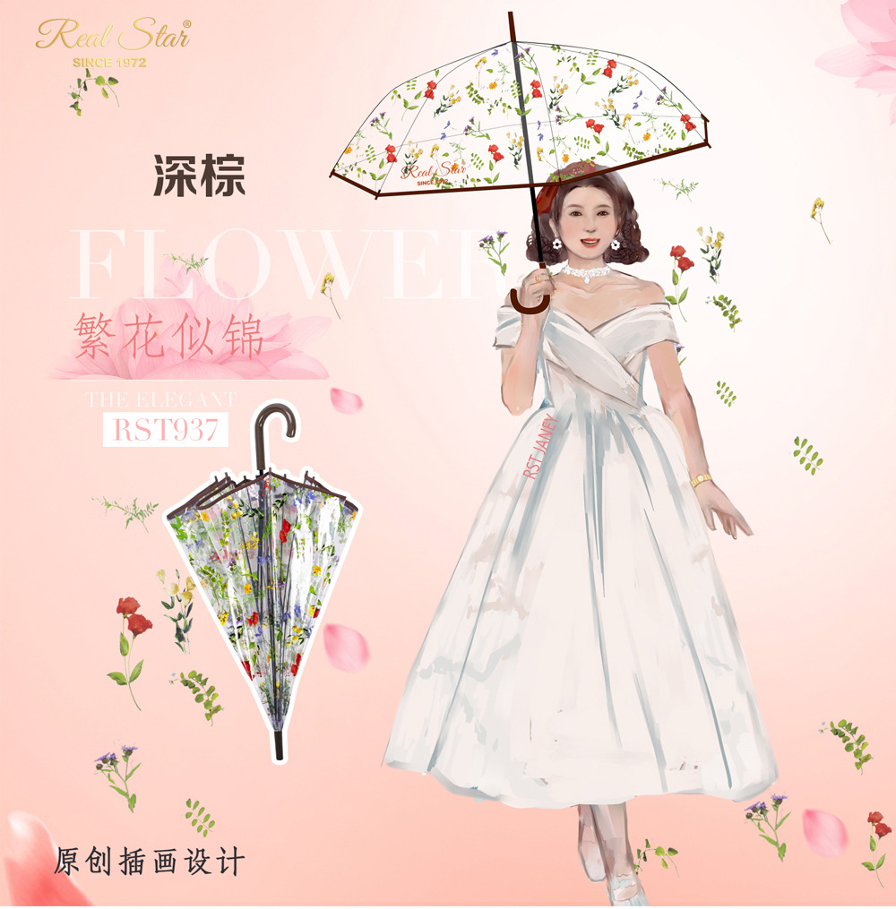 RST新品透明伞带图案富贵花朵成人塑料雨伞批发自动开彩色印刷伞详情17