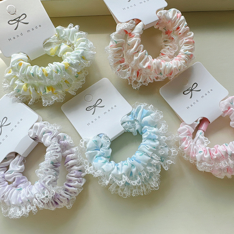 2条装小清新碎花气质小肠发圈蕾丝花边布艺头绳少女心发绳发饰女详情1