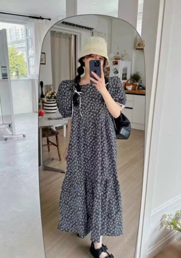 韩国东大门2023夏季新款时尚碎花蕾丝拼接圆领长款休闲连衣裙女详情10