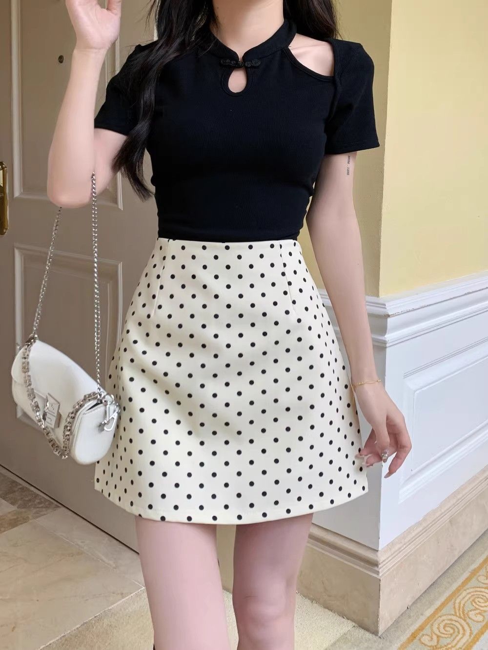 简漫妮波点半身裙夏季休闲百搭包臀裙女辣妹高腰A字裙西装短裙子详情4