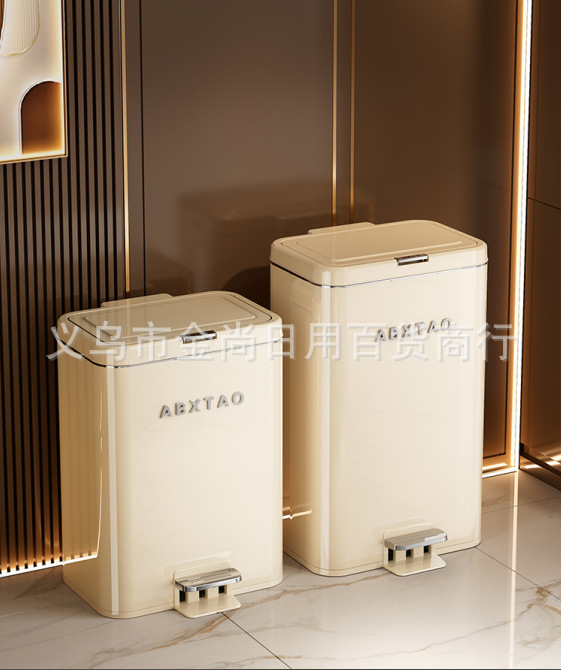 New square double-opening metal trash can (with electroplated upper ring), kitchen foot-operated and press-type trash can pic 3