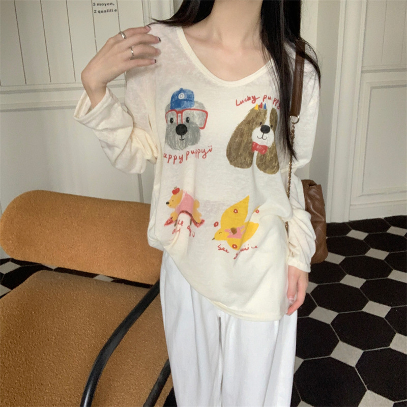 A niche and fun printed long-sleeved T-shirt for women, a thin sun-protective top with a fashionable, laid-back and loose design in autumn pic 8