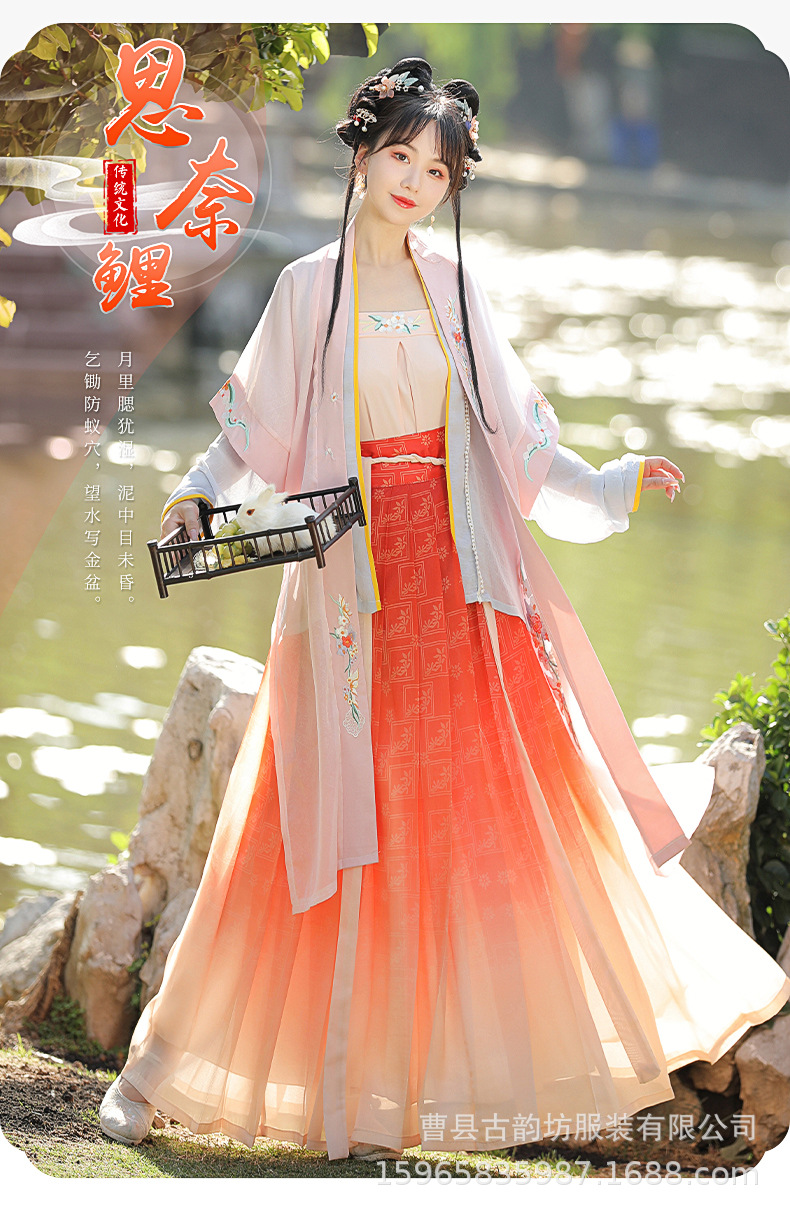 Original Song Dynasty Hanfu for women, Chinese-style embroidered long 褙子 pleated waist-length blouse and skirt, improved ancient costume with a fairy-like charm pic 1