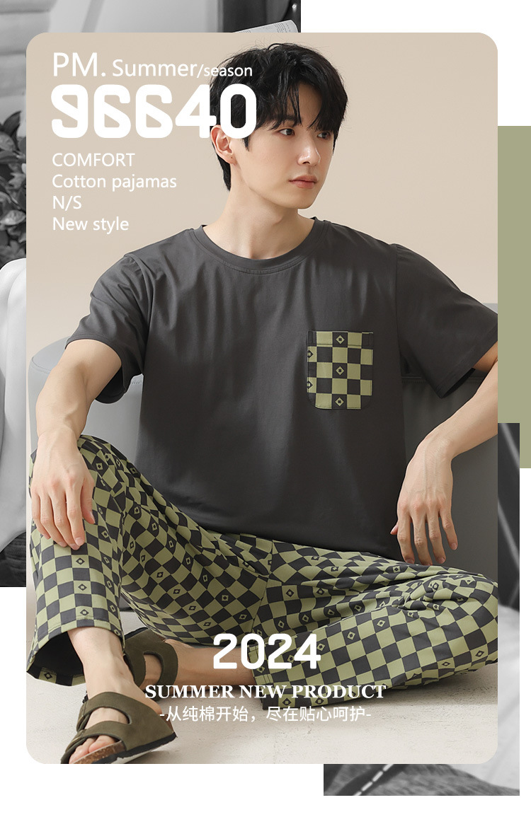 Summer pure cotton pajamas for men, cartoon casual short-sleeved shirts and long pants, pure cotton comfortable home wear, summer youth student set pic 78