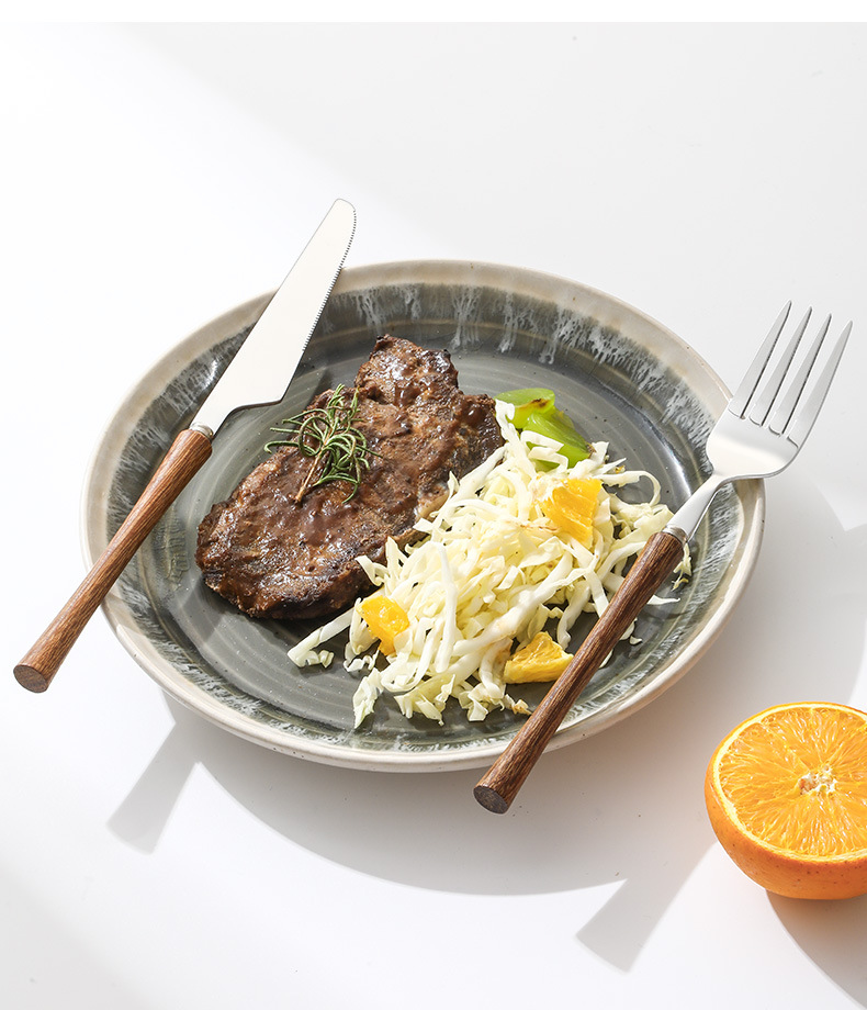 新款304不锈钢小蛮腰西餐牛排刀叉勺新中式实木手柄甜品勺子餐具详情15