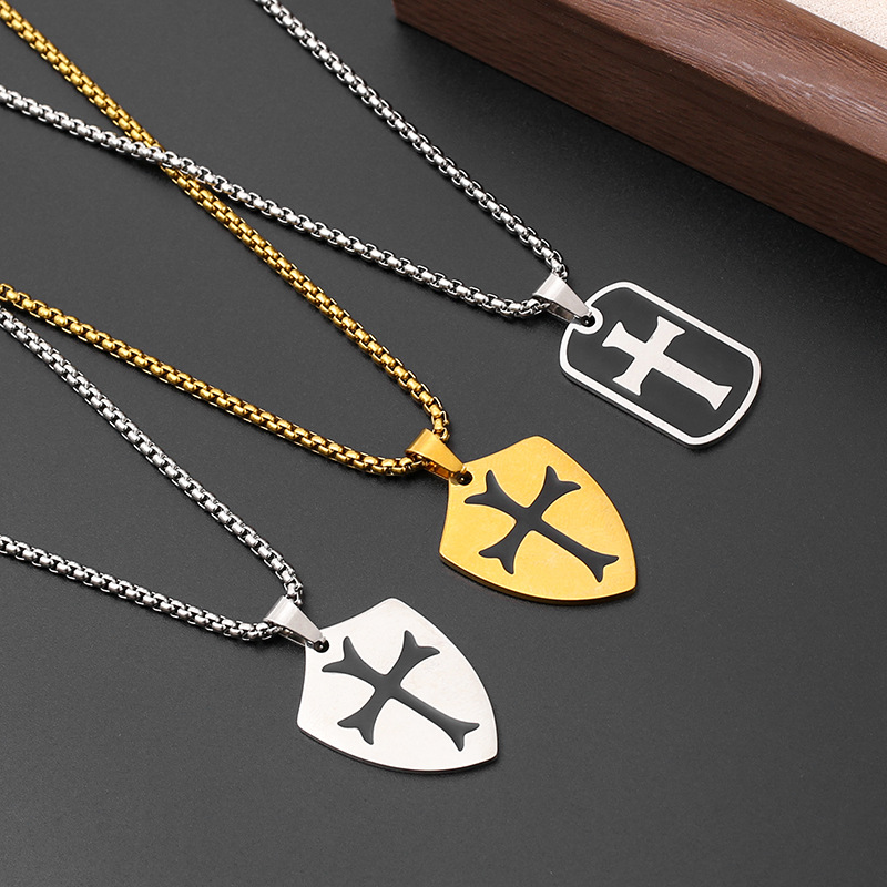 European and American paladin cross shield necklace, retro and unique epoxy resin European and American punk pendant pic 4
