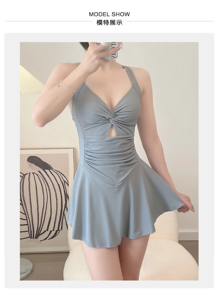 温泉泳衣女时尚爆款纯色显瘦遮肉连体裙式保守收腰性感游泳衣批发-028407详情13