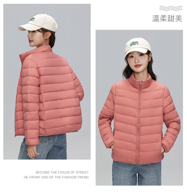 A light and thin down jacket for women in the autumn and winter of 2025, a short 90mm white duck down winter stand-up collar, a slimming casual coat trend pic 17