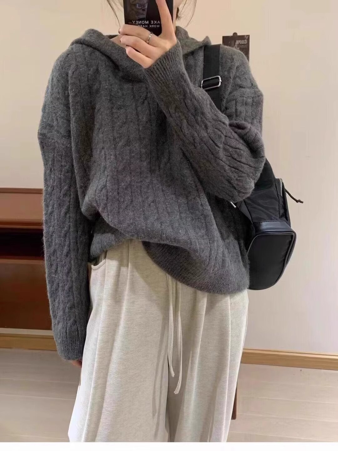 100羊毛连帽针织衫女冬休闲慵懒麻花帽衫毛衣显瘦内搭休闲羊绒潮详情3