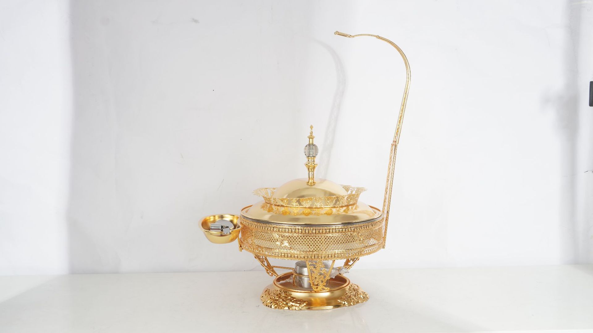 圆形豪华金色花边不锈钢酒精炉酒店餐厅自助餐炉可吊盖食物保温炉详情2