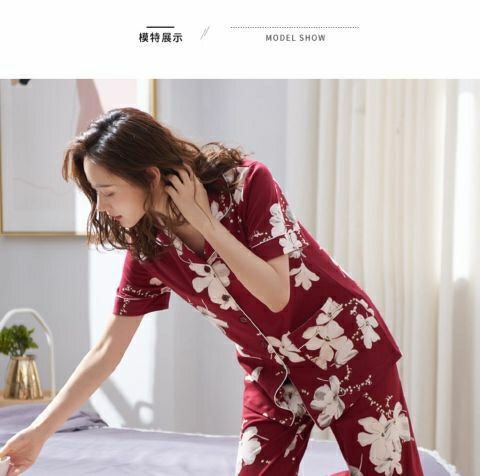 100%纯棉睡衣女夏季薄款短袖长裤大码家居服套装夏可外穿详情5