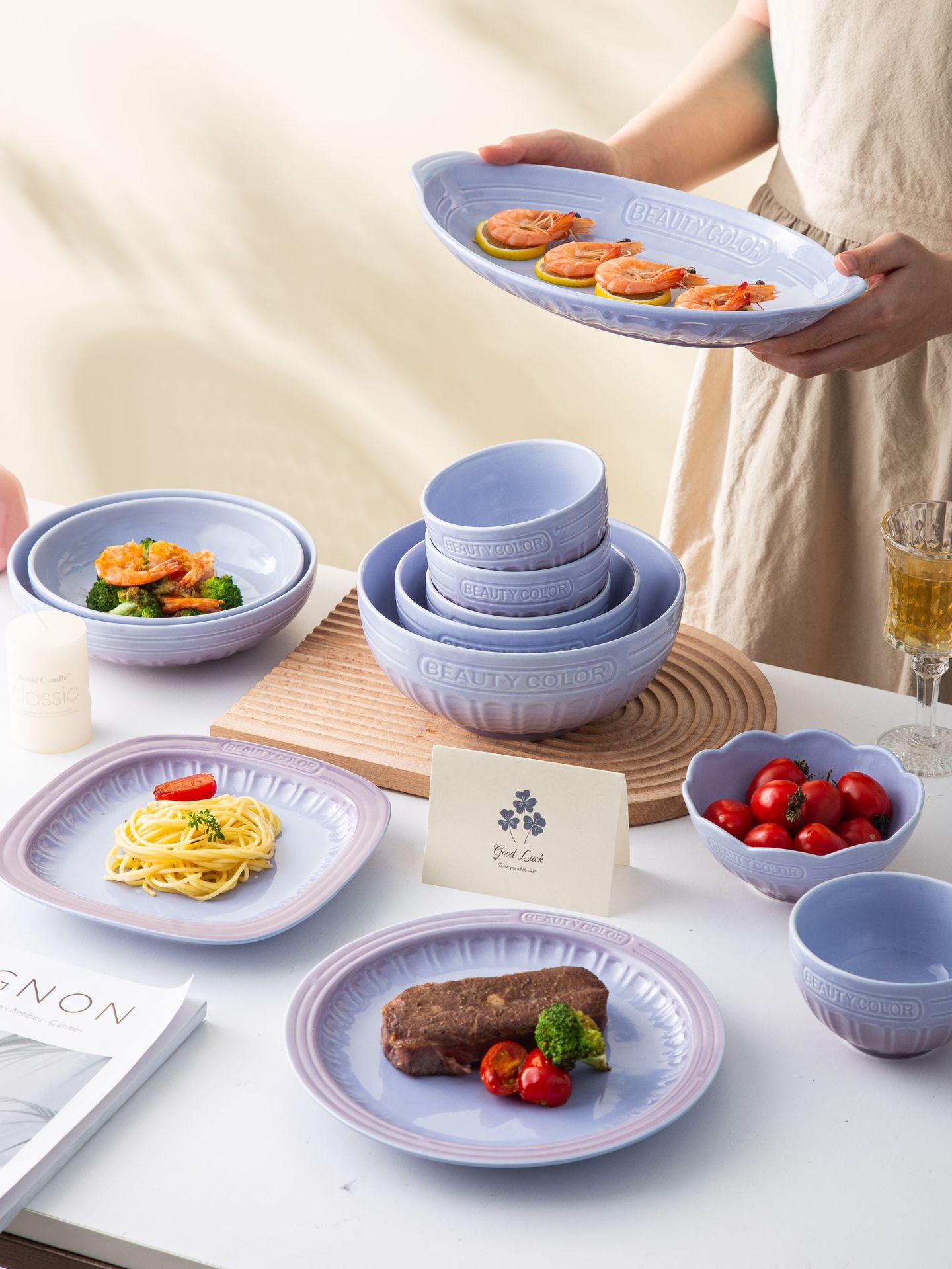 渐变紫北欧高颜值碗盘套装家用陶瓷米饭碗圆盘汤碗乔迁高级感餐具详情7