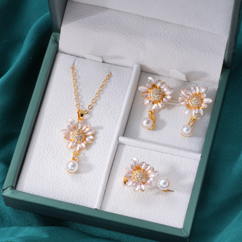 Pearl ring, earneedle pendant, three-piece set, empty stand, four-petal flower, white butterfly shell design, high-end DIY light luxury earrings pic 19