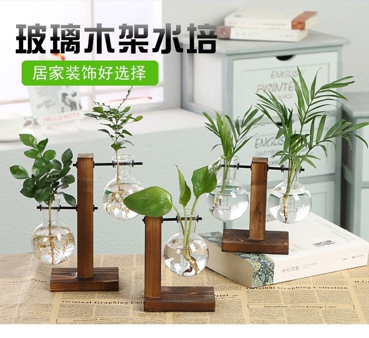 简约创意玻璃瓶花瓶木架水培绿萝植物透明桌面摆件装饰品详情1