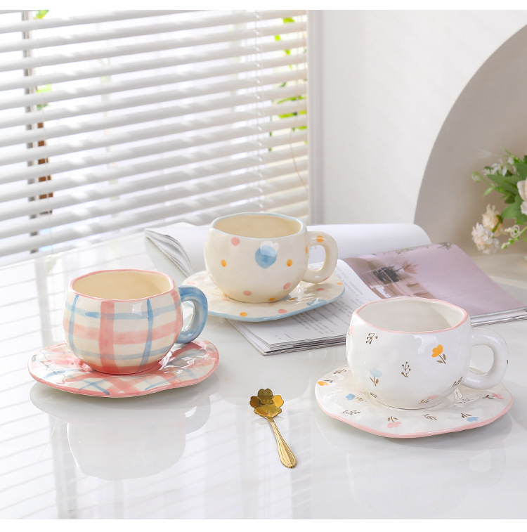 韩式ins风陶瓷马克杯高颜值 下午茶杯子手绘少女可爱手捏咖啡杯碟详情12