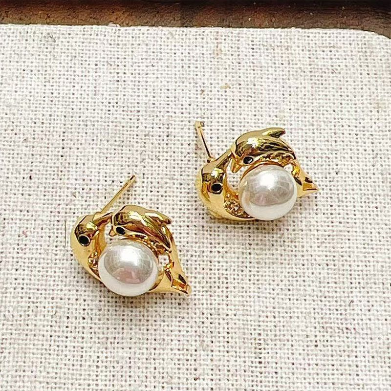 Copper gold-plated pearl pendant earrings, simple heart-shaped design, high-end DIY jewelry accessories, handicrafts, gifts, conch, shell, coral style pic 3
