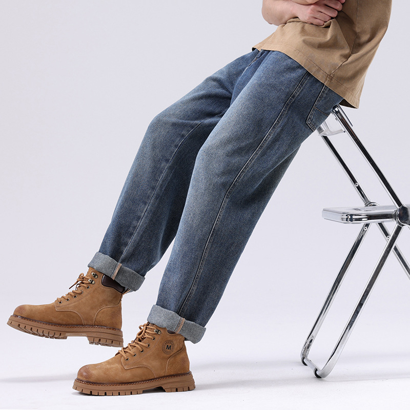 春夏新款牛仔裤男美式直筒牛仔裤男微叭阔腿黄泥复古胖子牛仔裤男详情28