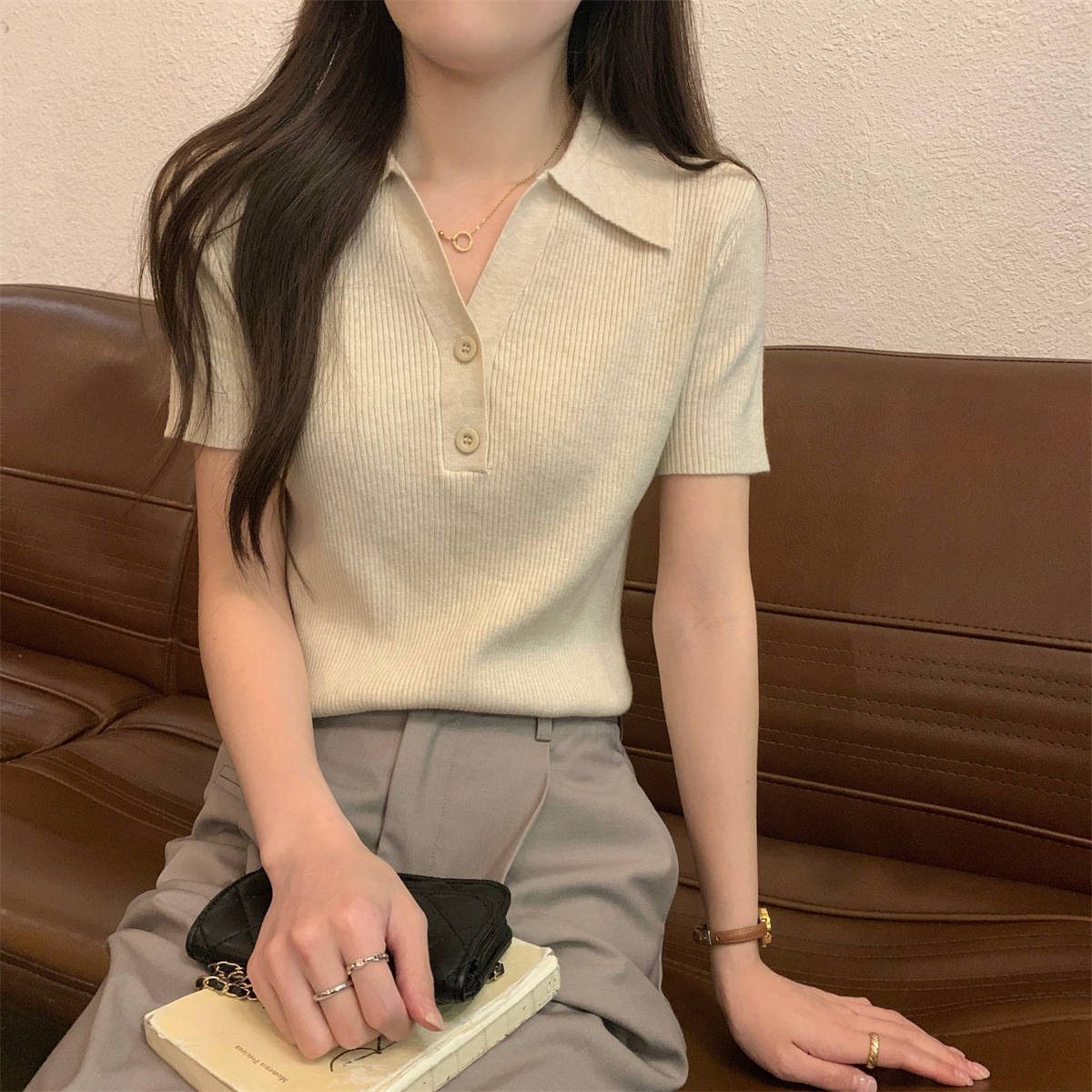 韩系坑条针织T恤夏季修身显瘦polo翻领正肩短袖女上衣气质打底衫详情16