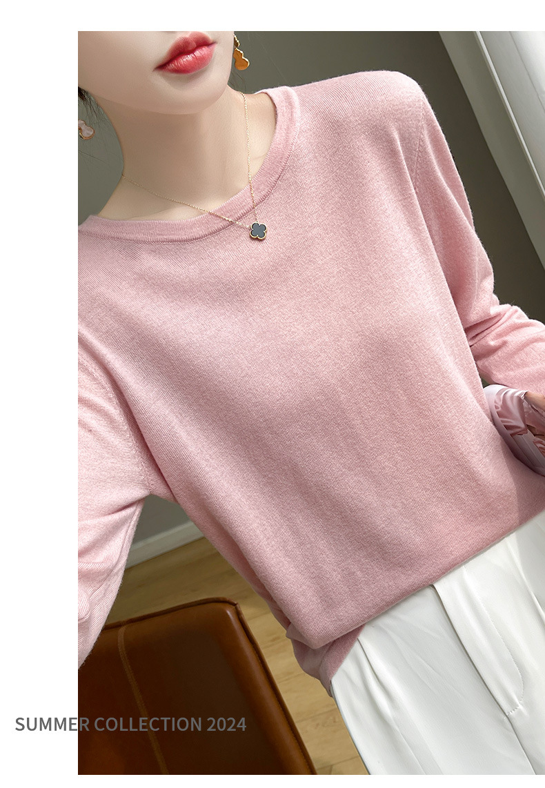 A fine-spun fine wool knitted sweater for women with a round neck, thin spring loose long-sleeved mulberry silk T-shirt, paired with a base layer top pic 12